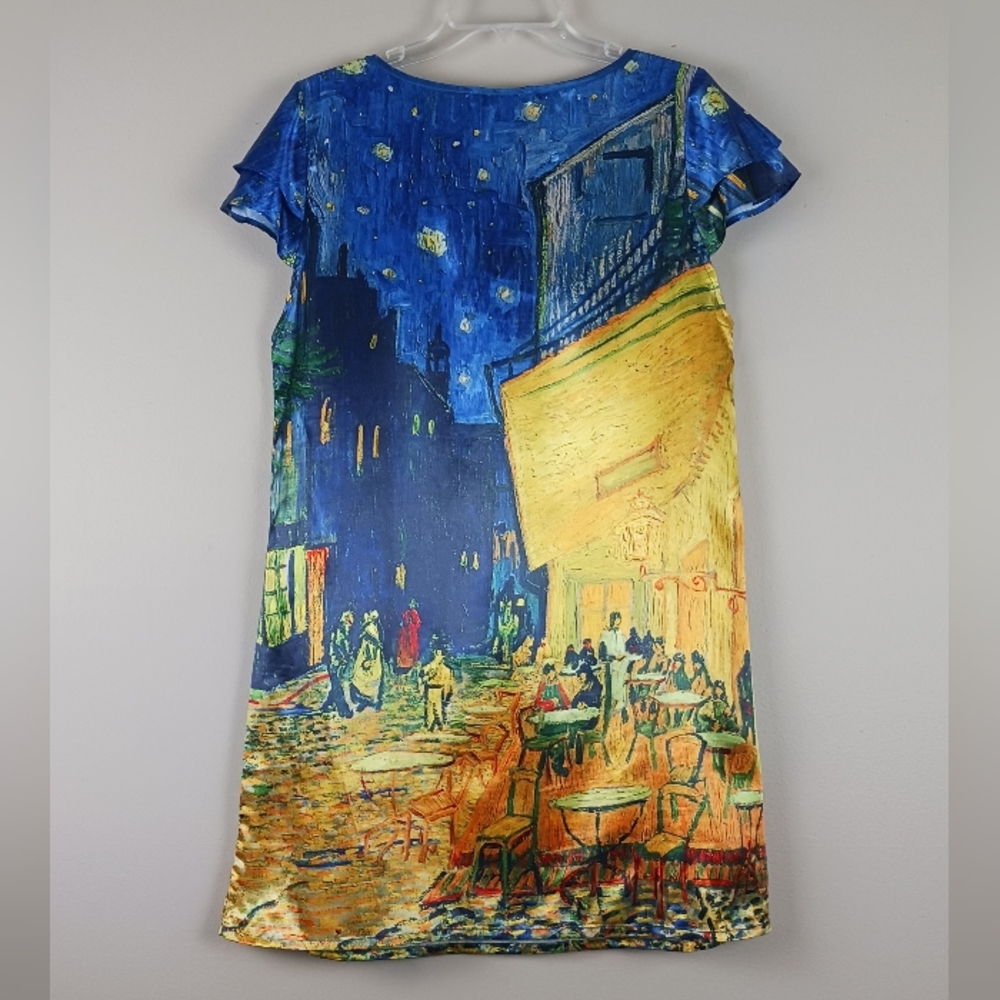 GALLERIA ENTERPRISE| Artsy City Cafe Print Slip Dress Lightweight Size Large - Picture 2 of 10
